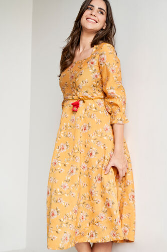 Mustard Floral Flared Dress, Mustard, image 3